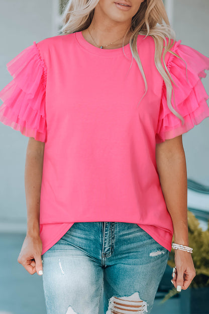 Tulle Ruffle Sleeve Blouse | Pink