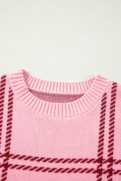 Plaid Pattern Knitted Drop Shoulder Sweater | Pink