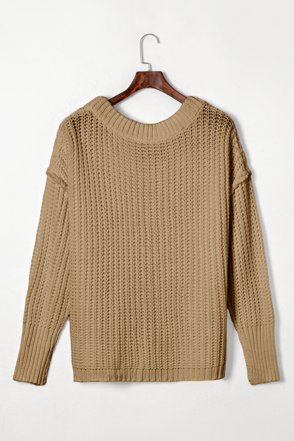 Khaki Ribbed Knit Round Neck Slouchy Chunky Sweater | Apricot khaki