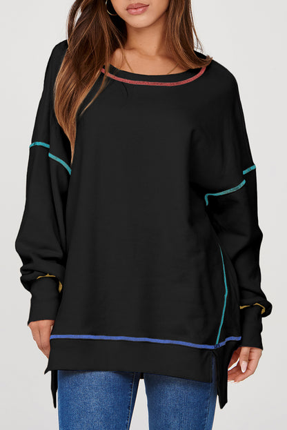 Contrast Stitching Split Baggy Sweatshirt | Black