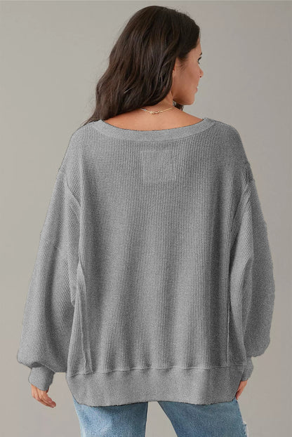 Waffle Knit Bishop Sleeve Split Oversized Top | Gray