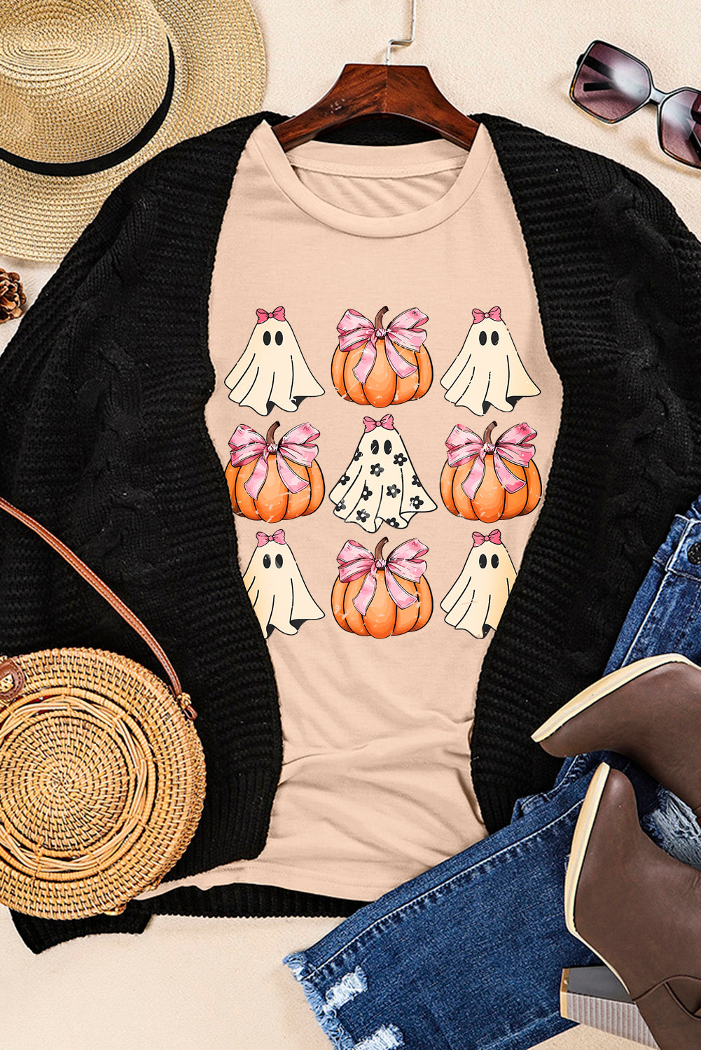 Bowknot Ghost Pumpkin Graphic Halloween T Shirt | Black