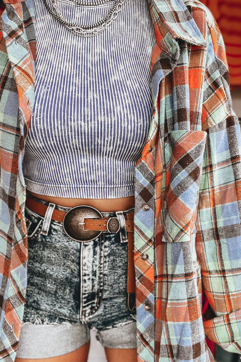 Plaid Print Loose Vintage Shirt | Orange