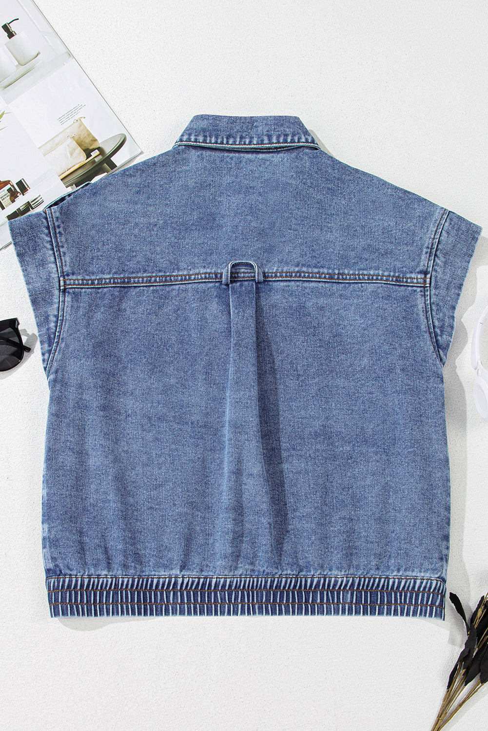 Acid Wash Elastic Hem Button Up Denim Vest | Ashleigh Blue