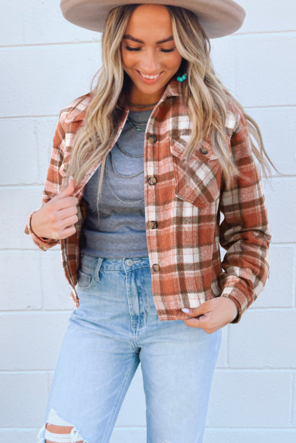 Plaid Button-Up Flap Pocket Jacket | Orange