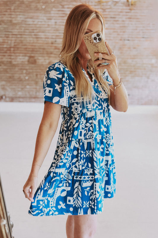 Ricrac Trim Split Neck Floral Loose Dress | Blue