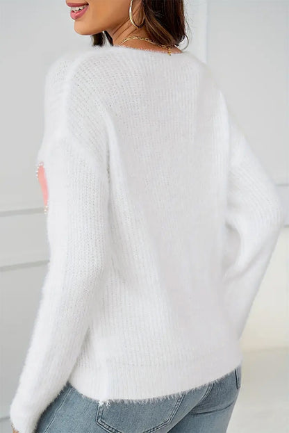 Pearl Beaded Heart Pattern Fuzzy V Neck Sweater | White