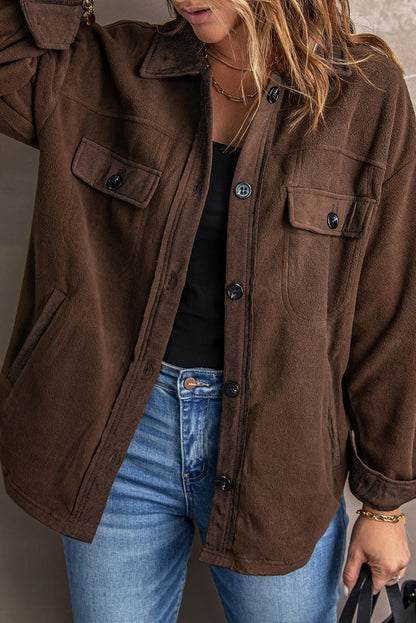 Turn Down Collar Buttoned Shirt Jacket | Brown