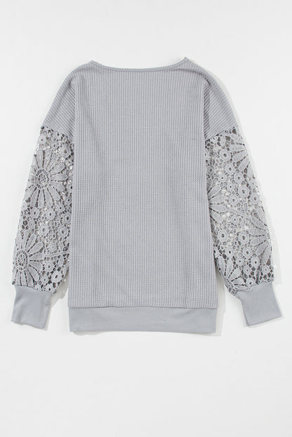 Lace Splicing V Neck Puff Sleeve Top | Gray