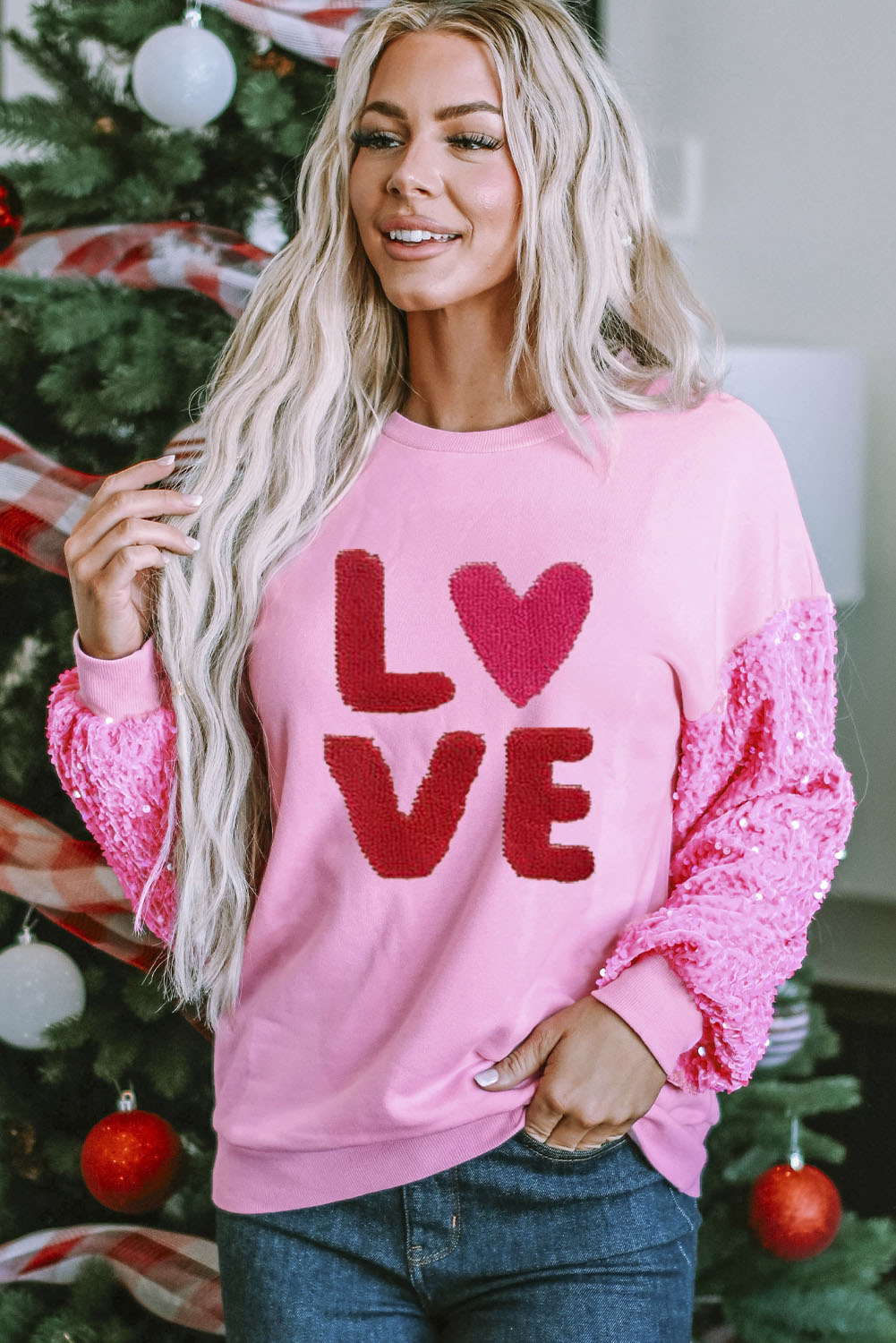 Pink Valentines LOVE Chenille Embroidered Sequin Sleeve Sweatshirt