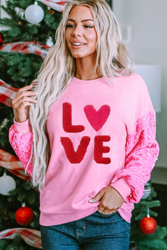 Pink Valentines LOVE Chenille Embroidered Sequin Sleeve Sweatshirt