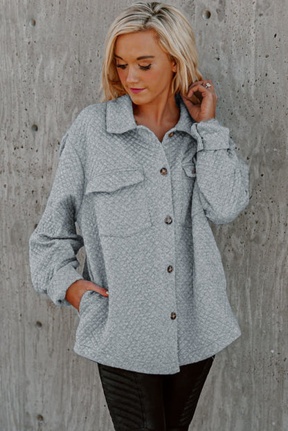 Retro Quilted Flap Pocket Button Shacket | Gray