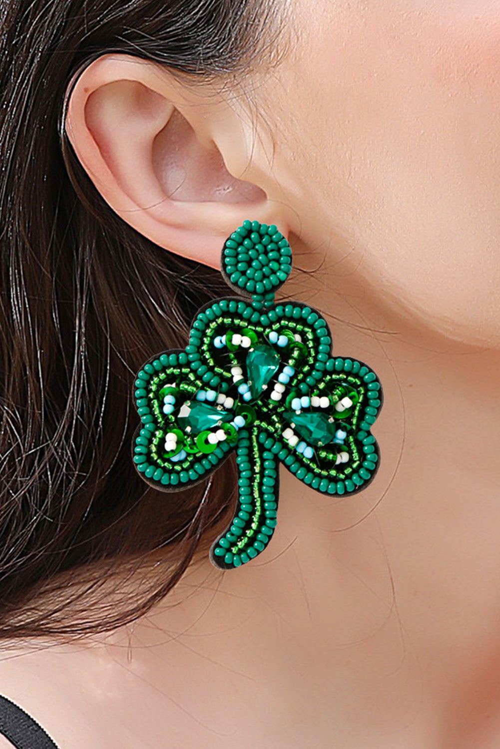 Blackish Green St Patrick Shamrock Rice Beaded Stud Earrings