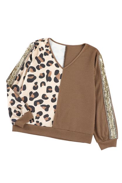 Leopard Splicing Waffle Knit V Neck Top | Brown