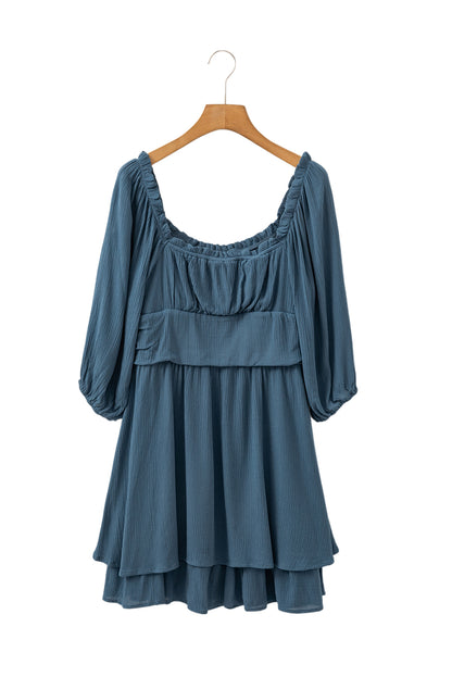 Frilled Neckline 3/4 Sleeve Layered Ruched Mini Dress | Real Teal