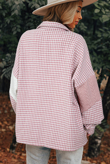 Houndstooth Colour Contrast Textured Patchwork Loose Shacket | Pink