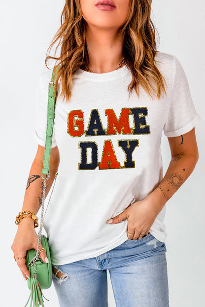 Glitter Game Day Rugby Football Season Round Neck T Shirt | White