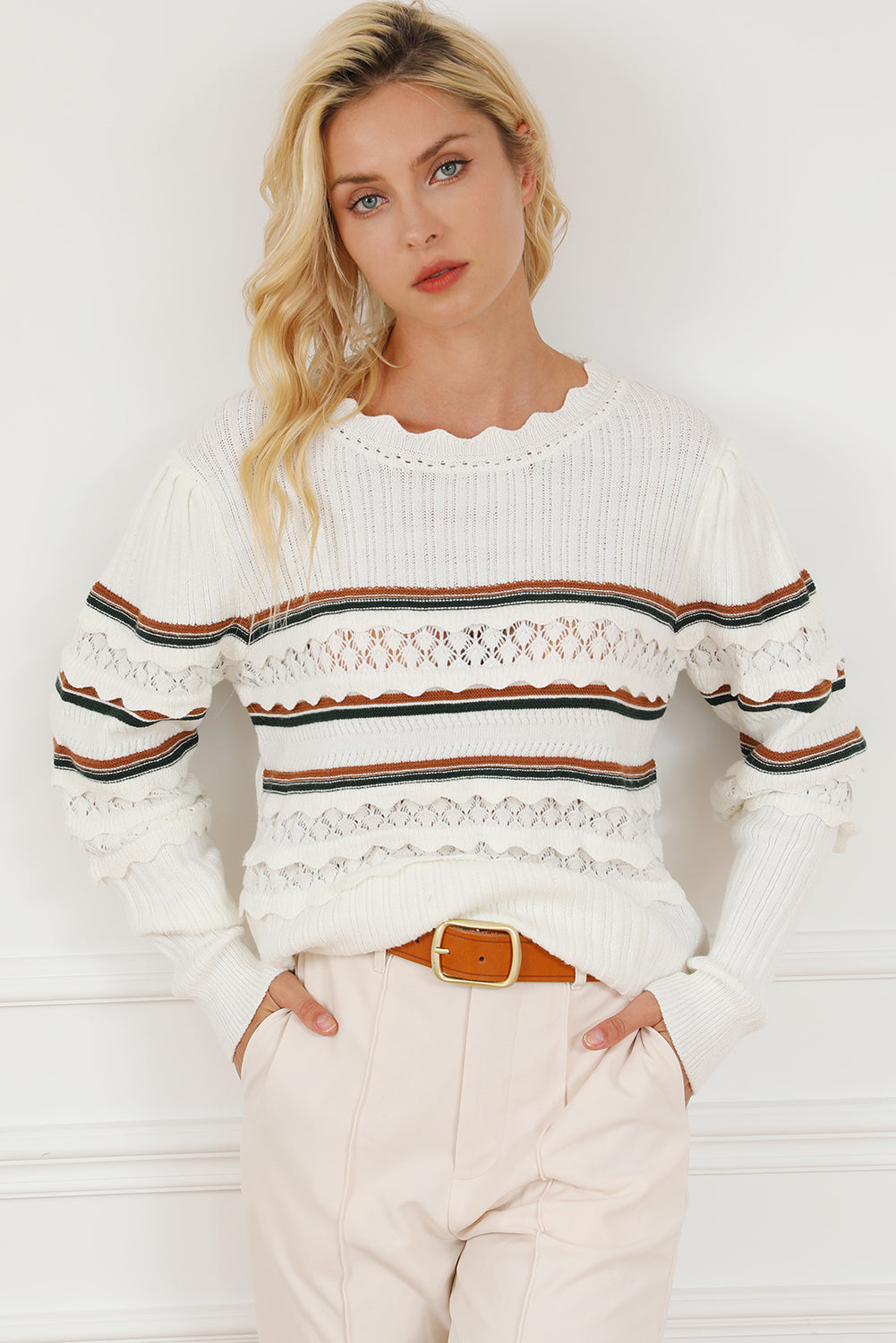 Striped Ribbed Scalloped Detail Knit Sweater | White