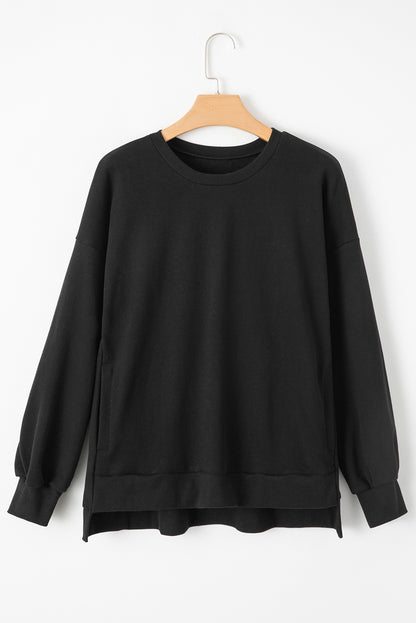 Solid Fleece Lined Drop Shoulder High Low Sweatshirt | Black