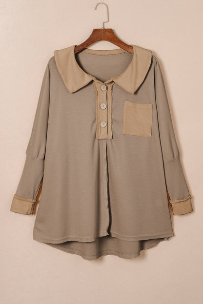 Waffle Knit Buttoned Long Sleeve Top | Brown