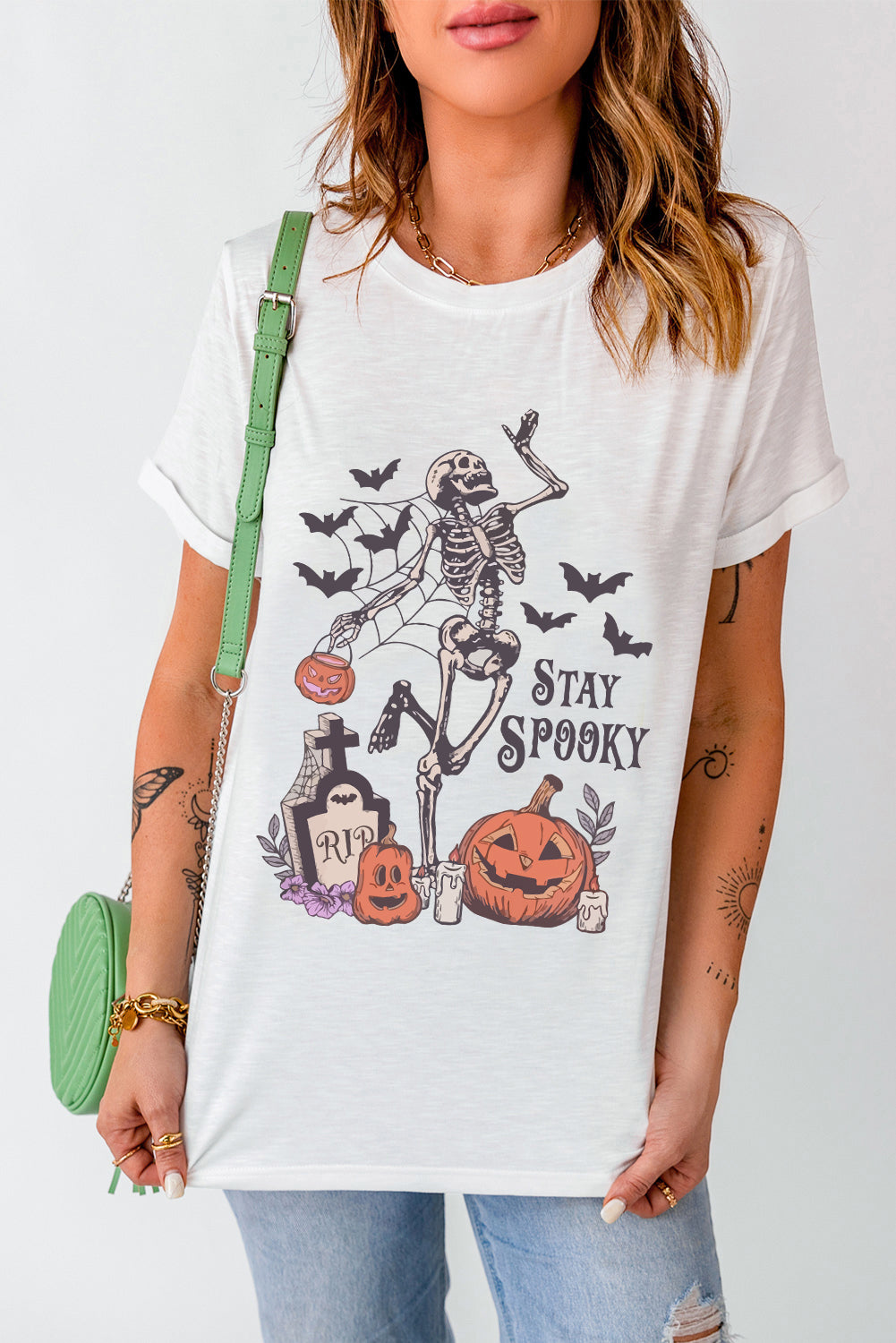 Skull Pumpkin Face Stay Spooky Graphic Halloween T Shirt | White