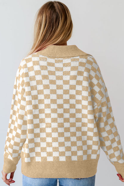 Checkered Buttons Collar V Neck Drop Shoulder Sweater | Apricot