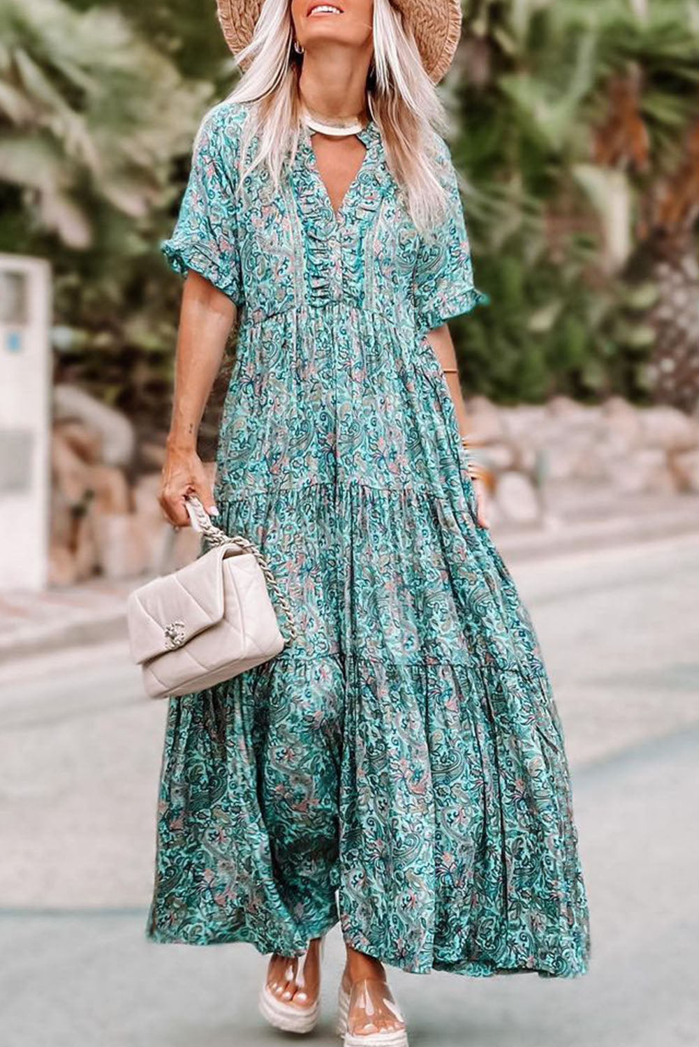 Paisley Print Boho Holiday Ruffle Tiered Maxi Dress | Sky Blue