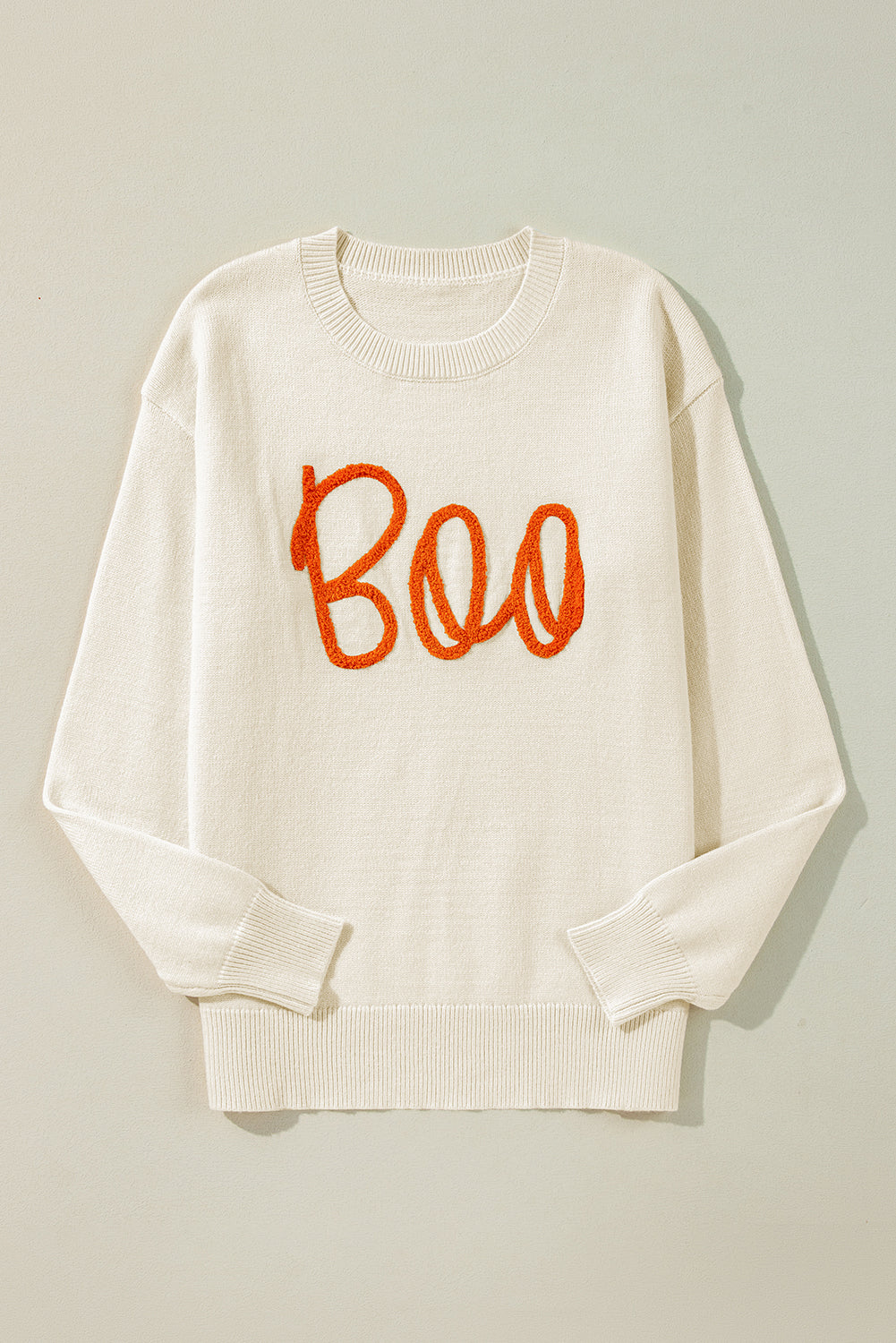 Boo Knitted Pattern Ribbed Edge Drop Shoulder Sweater | Apricot