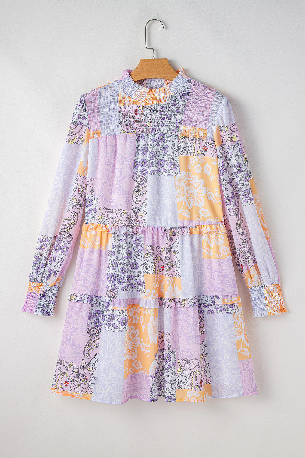 Floral Smocked Mock Neck Ruffled Tiered Bubble Sleeve Dress | Multicolour