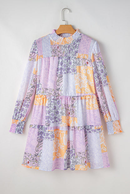 Floral Smocked Mock Neck Ruffled Tiered Bubble Sleeve Dress | Multicolour