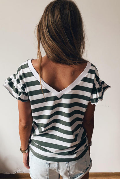 Striped V Neck Ruffle Sleeve Top | Sea Green