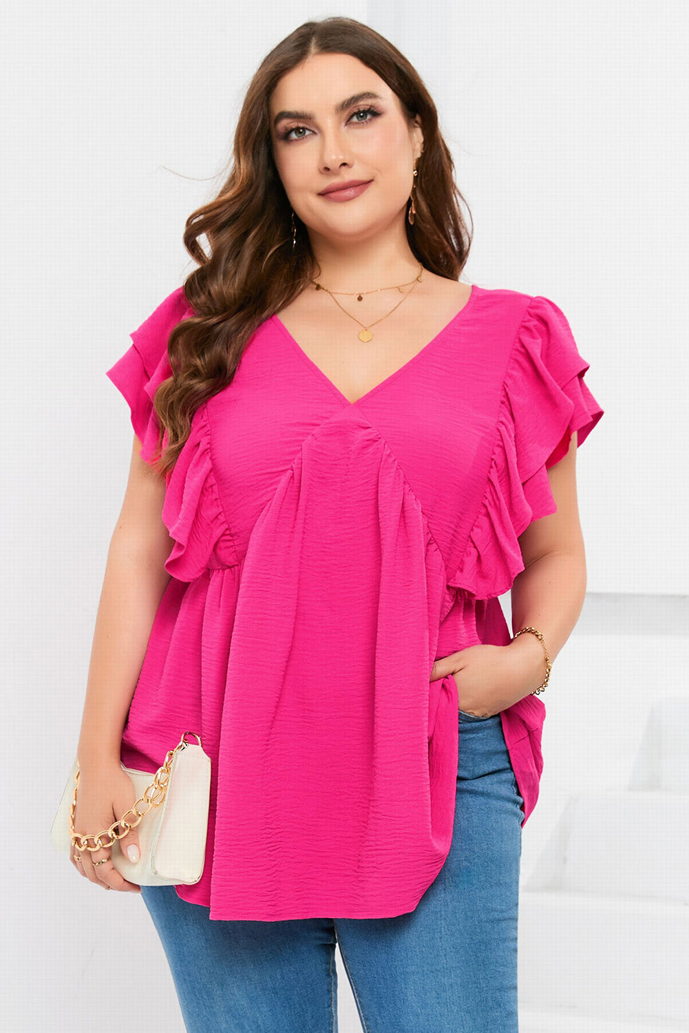 Plus Size Ruffle V Neck Tie Back Tunic Top | Pink