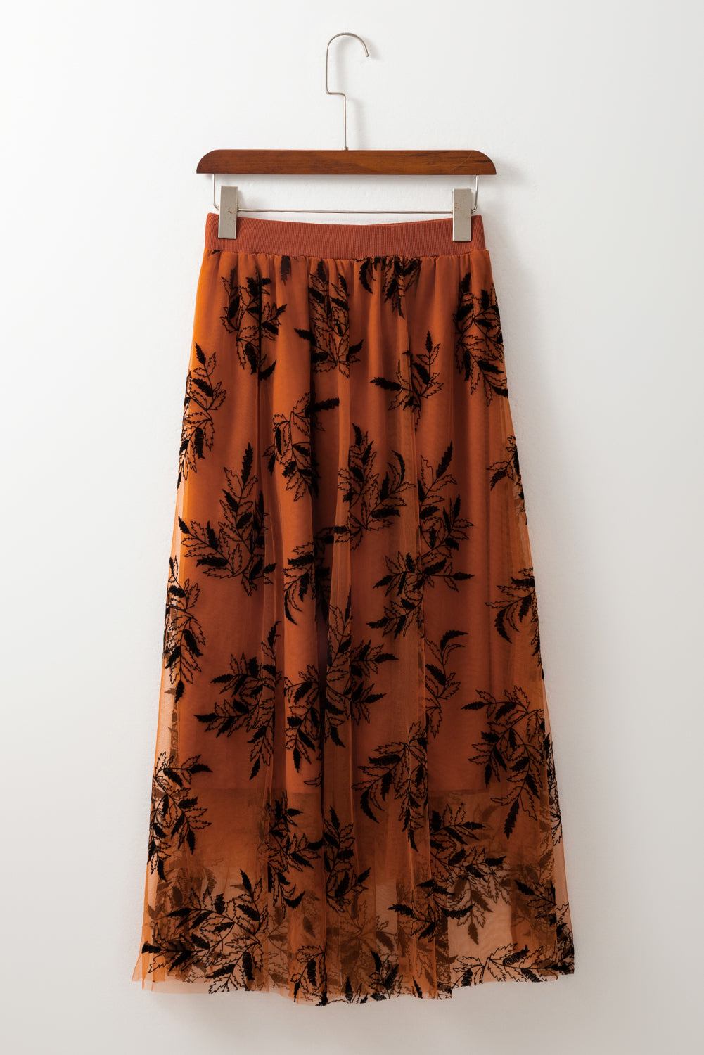 Floral Leaves Embroidered High Waist Maxi Skirt | Gold Flame