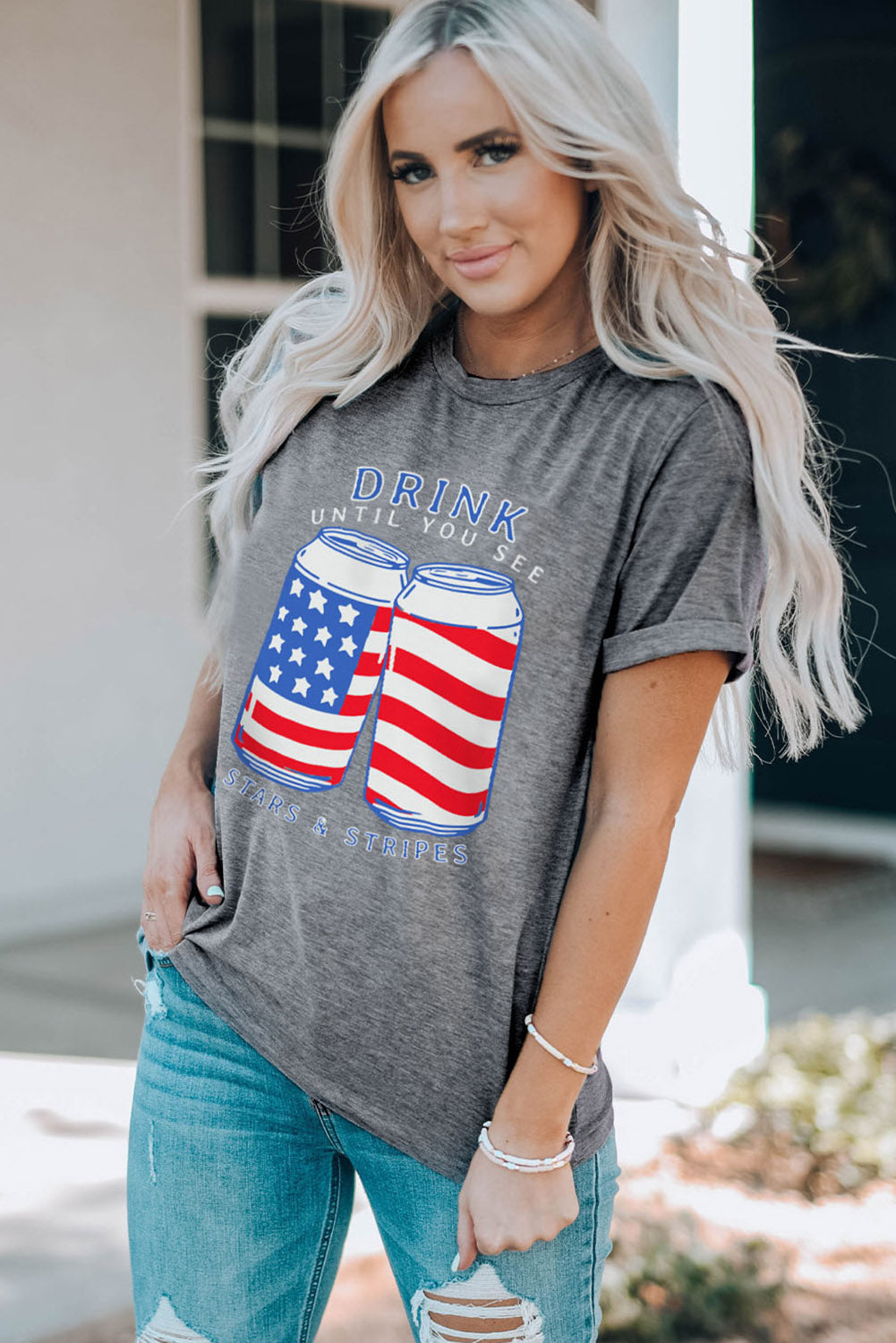 Usa Flag Drink Cans Slogan Graphic Tee | Gray