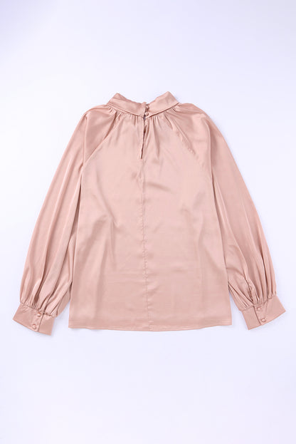 Twist High Neck Puff Sleeve Satin Blouse | Pink