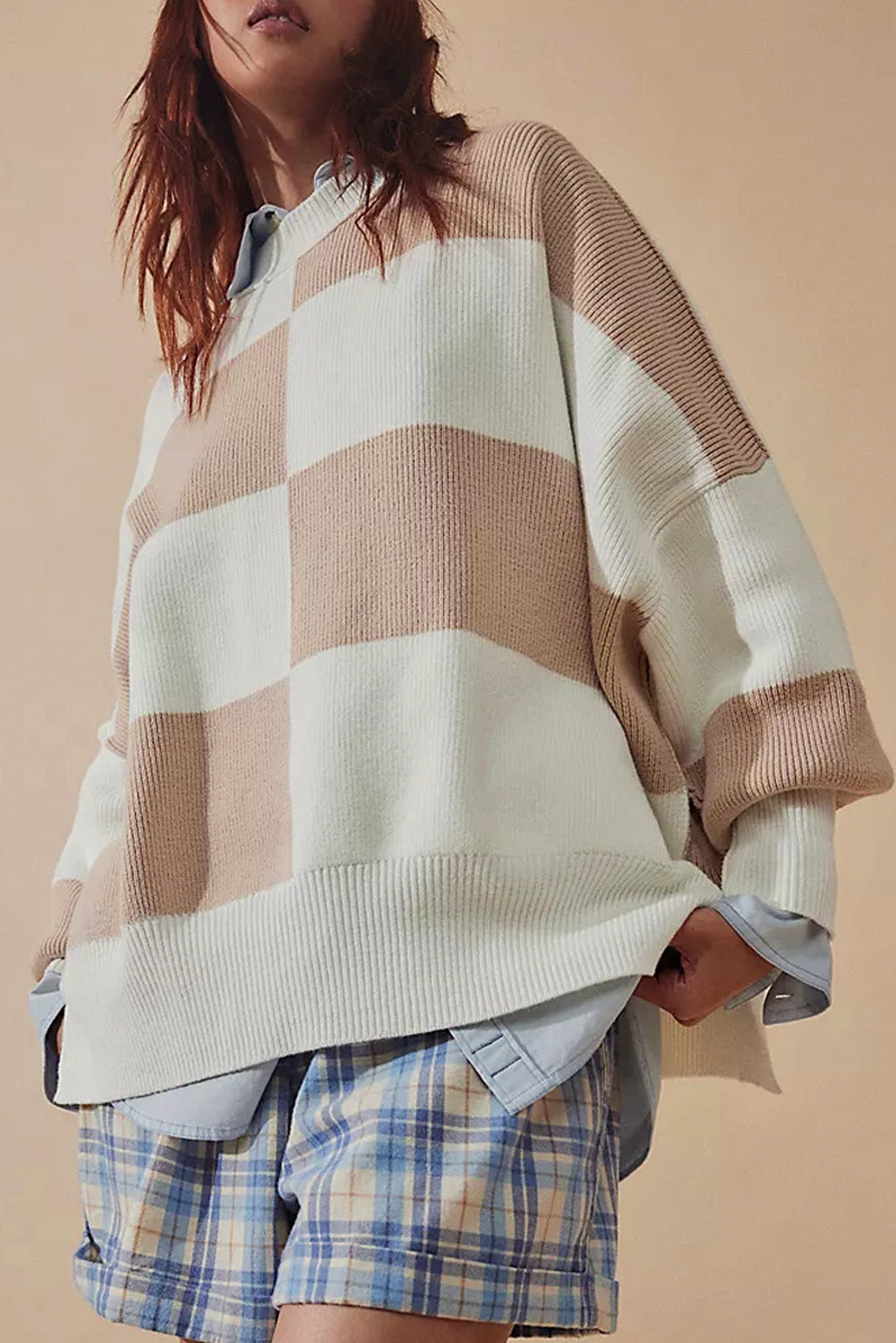 Checkered Side Slits Drop Shoulder Oversized Sweater | Khaki