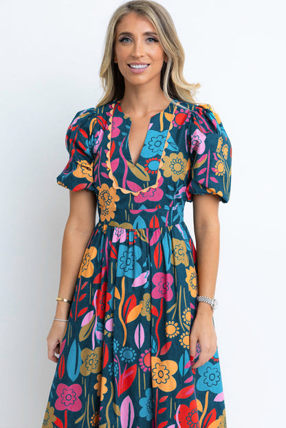 Retro Floral Printed Split Neck Maxi Dress | Green