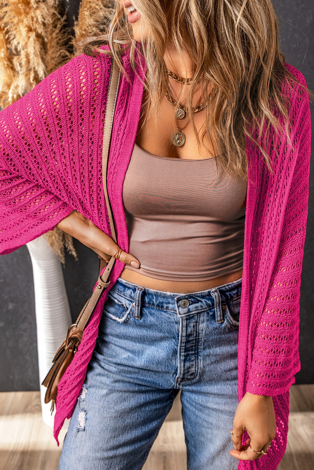 Rose Hollow-out Bracelet Sleeve Knit Cardigan