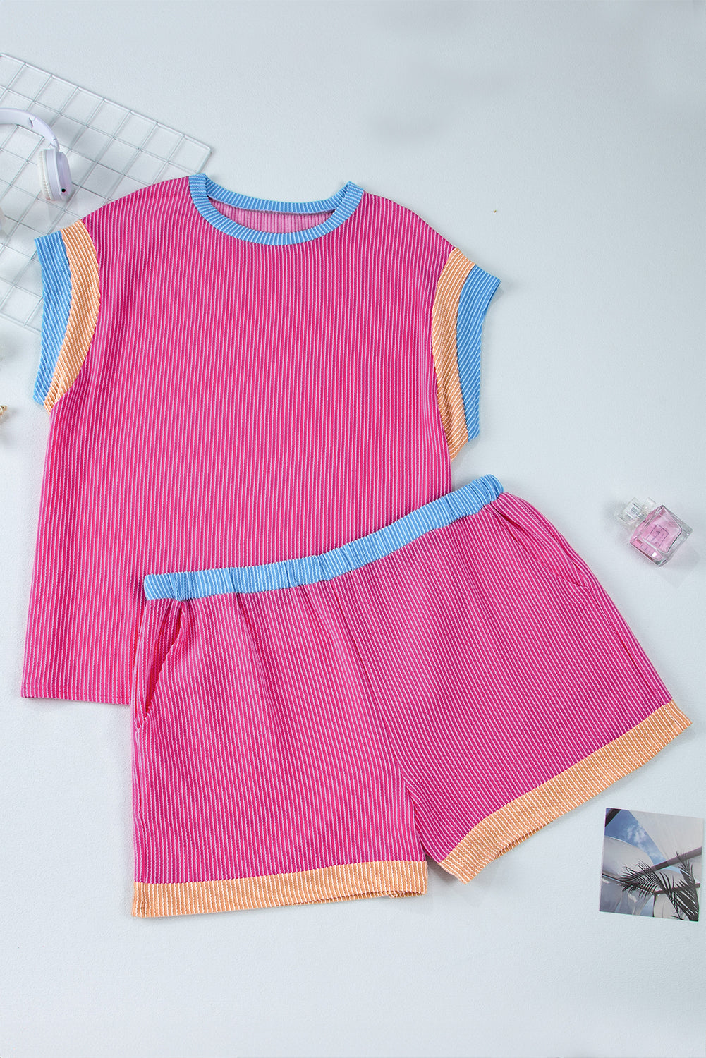 Textured Knit Contrast Trim Plus Shorts Set | Bright Pink