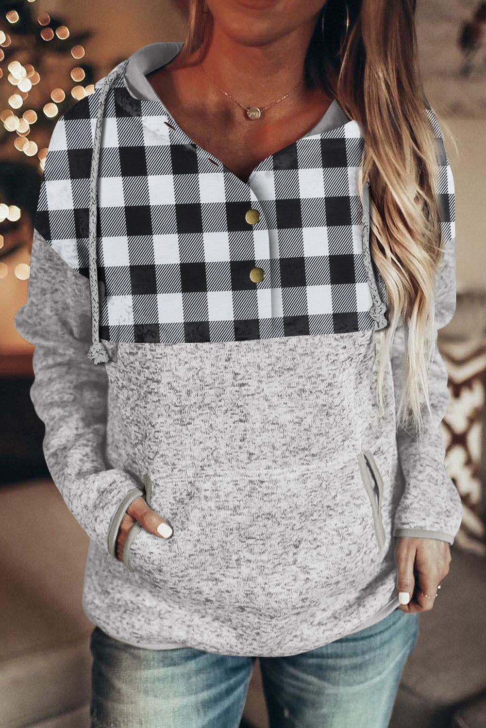 Plaid Splicing Pocketed Hoodie | Black