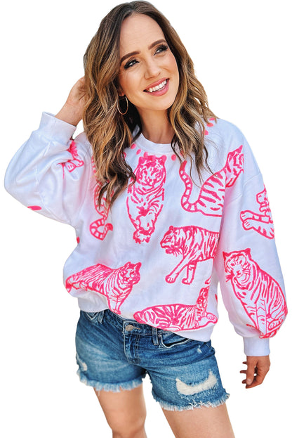 Pink Animal Print Pullover Sweatshirt | Bright White