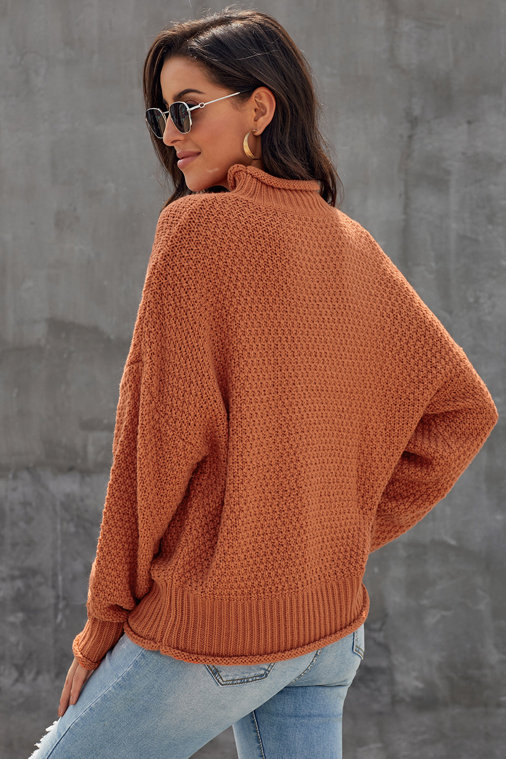 Oversized Chunky Batwing Long Sleeve Turtleneck Sweater | Orange