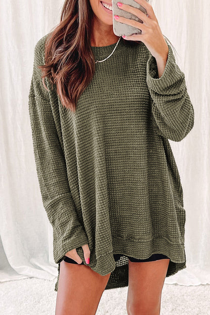 Waffle Knit High Slits Oversized Top | Green