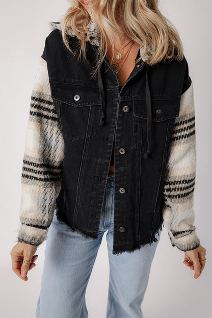 Plaid Sleeve Frayed Hem Hooded Denim Jacket | Black