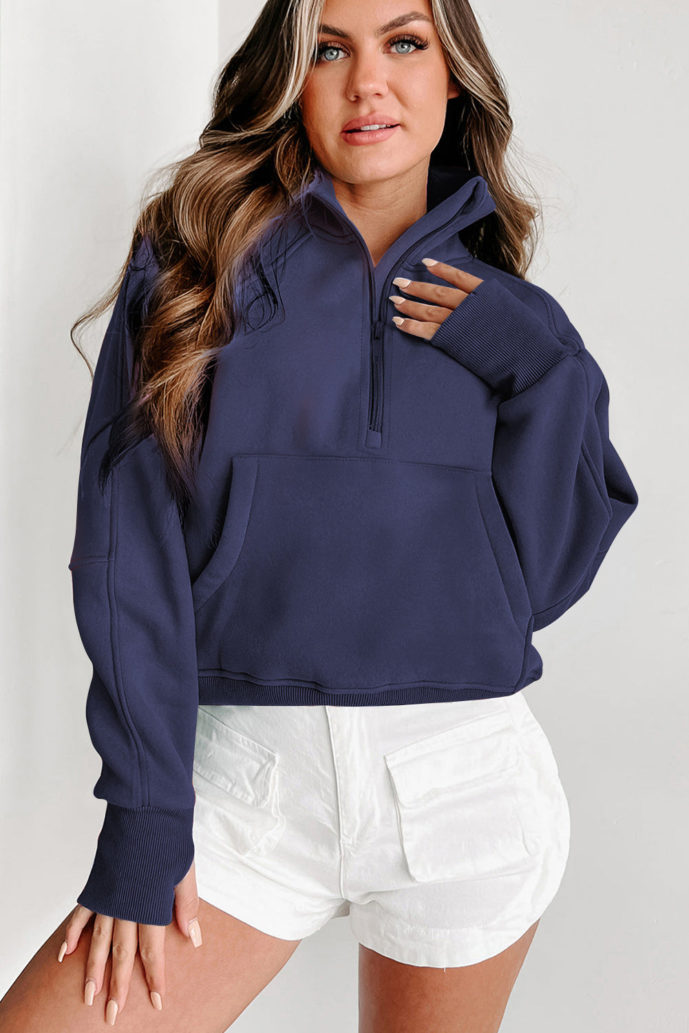 Fleece Lined Zip Up Stand Collar Thumbhole Sleeve Sweatshirt | Navy Blue