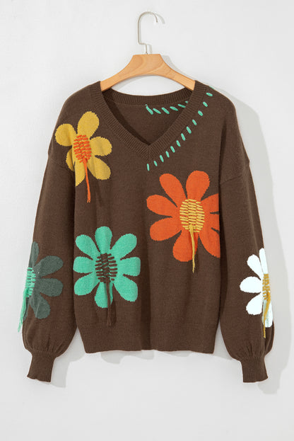 Big Flower Pattern V Neck Drop Shoulder Sweater | Coffee