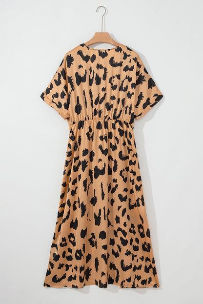 Leopard V Neck High Waist Buttoned Plus Maxi Dress | Khaki