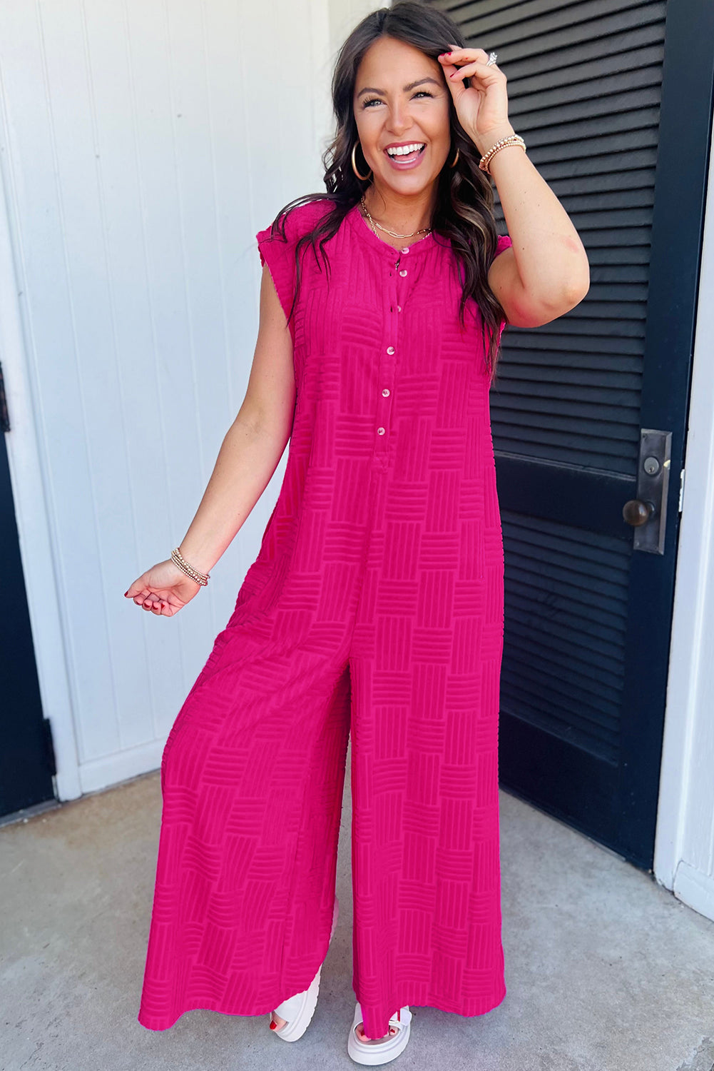 Terry Textured Sleeveless Button Front Wide Leg Jumpsuit | Bright Pink