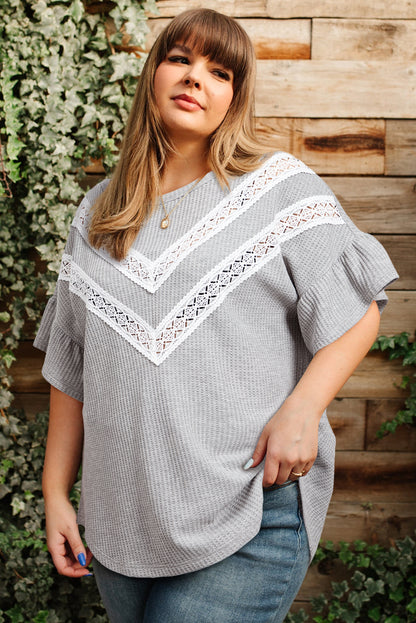 Lace Insert Waffle Ruffle Short Sleeve Plus Size Top | Light Grey