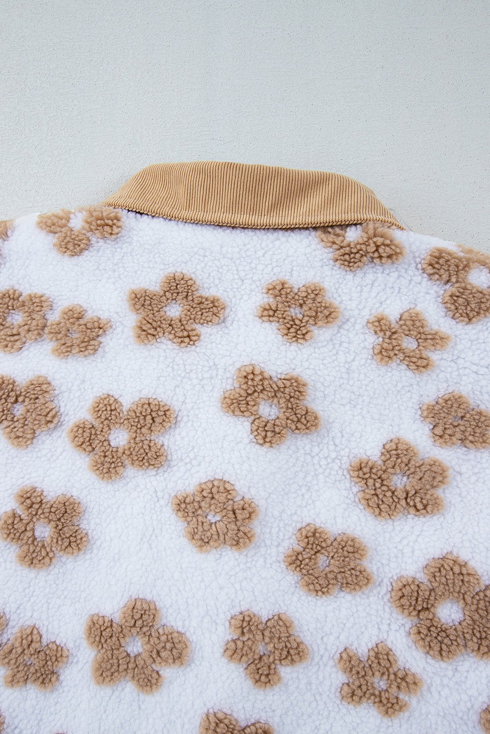 Cute Flower Pattern Button Up Fleece Jacket | Light French Beige